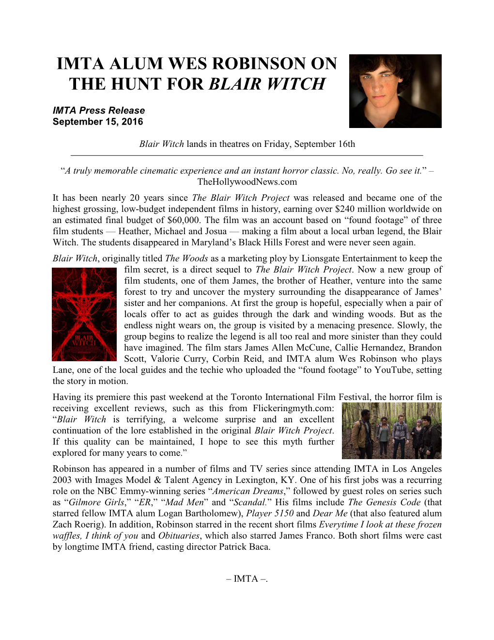 Imta Alum Wes Robinson on the Hunt for Blair Witch