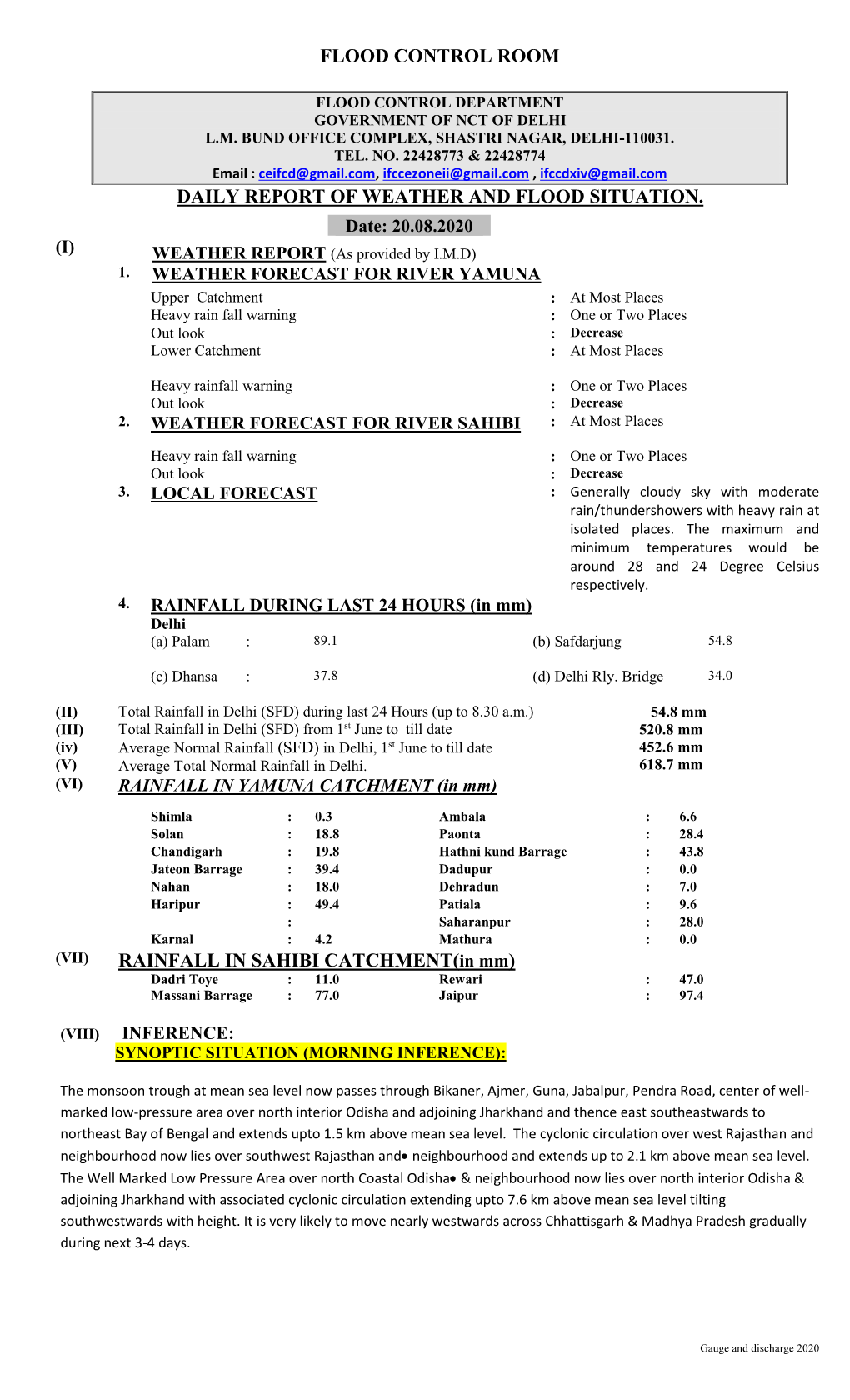 Flood Control Room Daily Report of Weather And