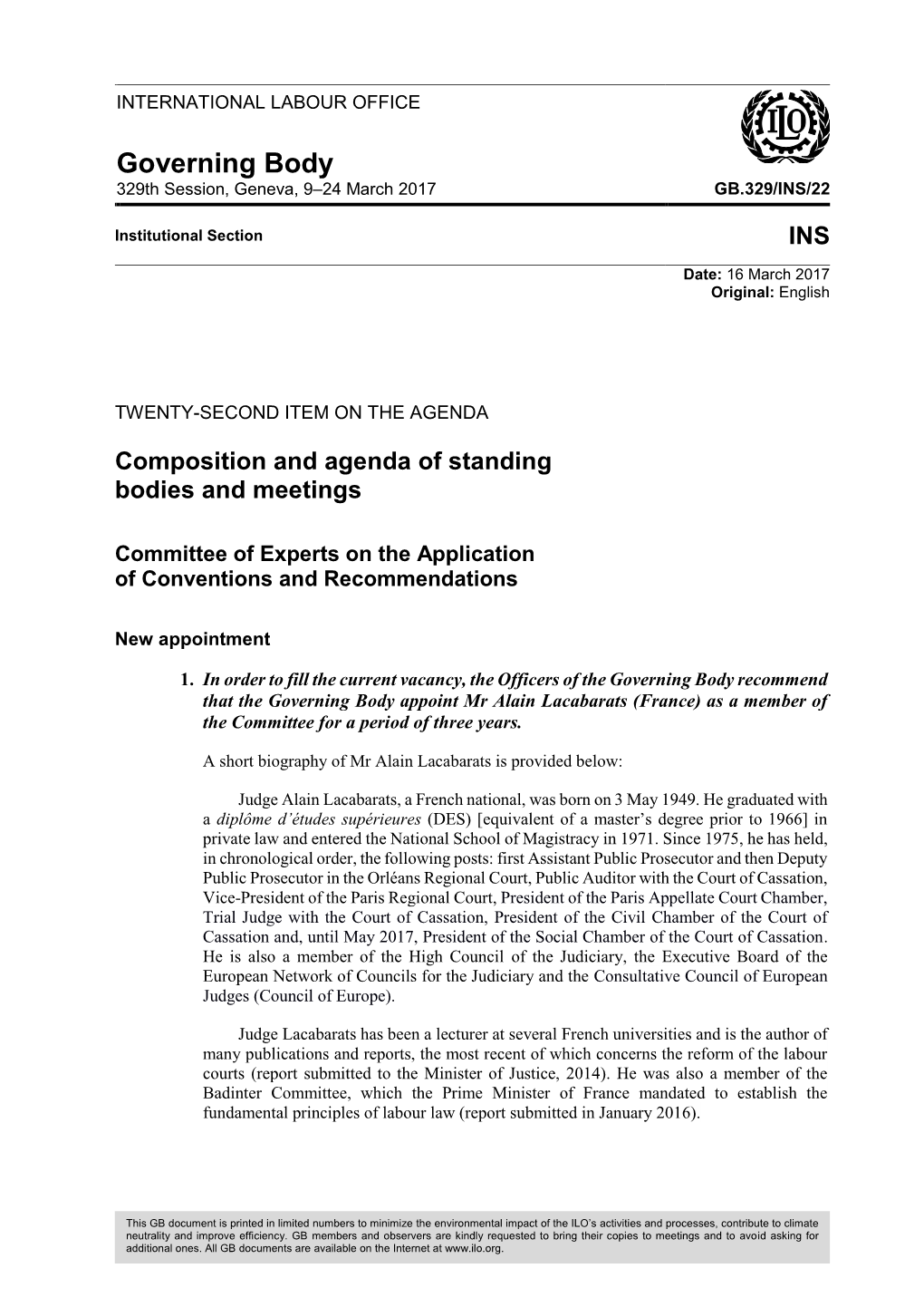 Composition and Agenda of Standing Bodies and Meetings