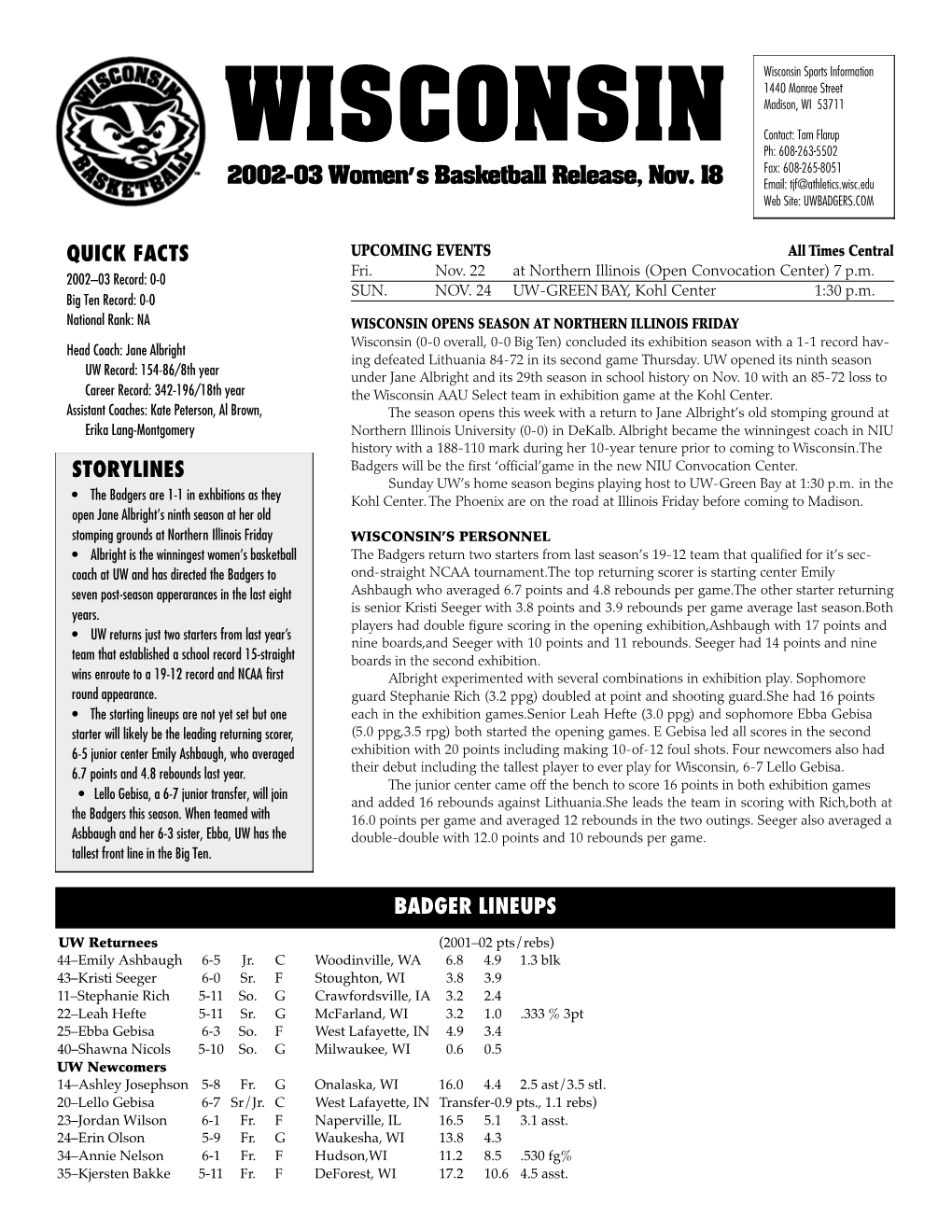 2002-03 Women's Basketball Release, Nov. 18