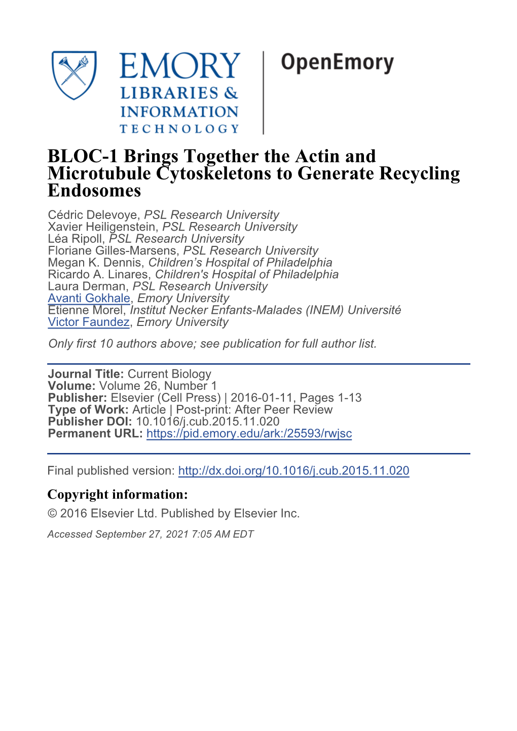 BLOC-1 Brings Together the Actin and Microtubule Cytoskeletons To