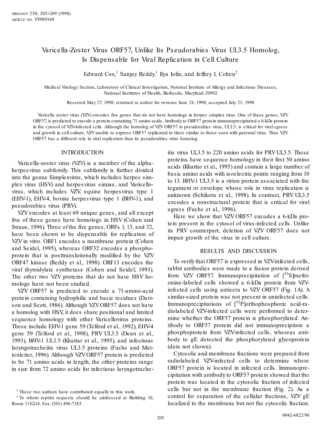 Varicella-Zoster Virus ORF57, Unlike Its Pseudorabies Virus UL3.5 Homolog, Is Dispensable for Viral Replication in Cell Culture