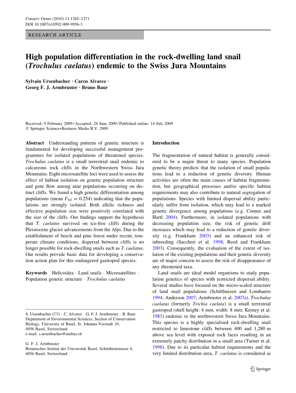 High Population Differentiation in the Rock-Dwelling Land Snail (Trochulus Caelatus) Endemic to the Swiss Jura Mountains