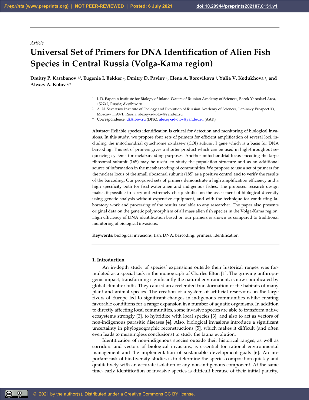 Universal Set of Primers for DNA Identification of Alien Fish Species in Central Russia (Volga-Kama Region)