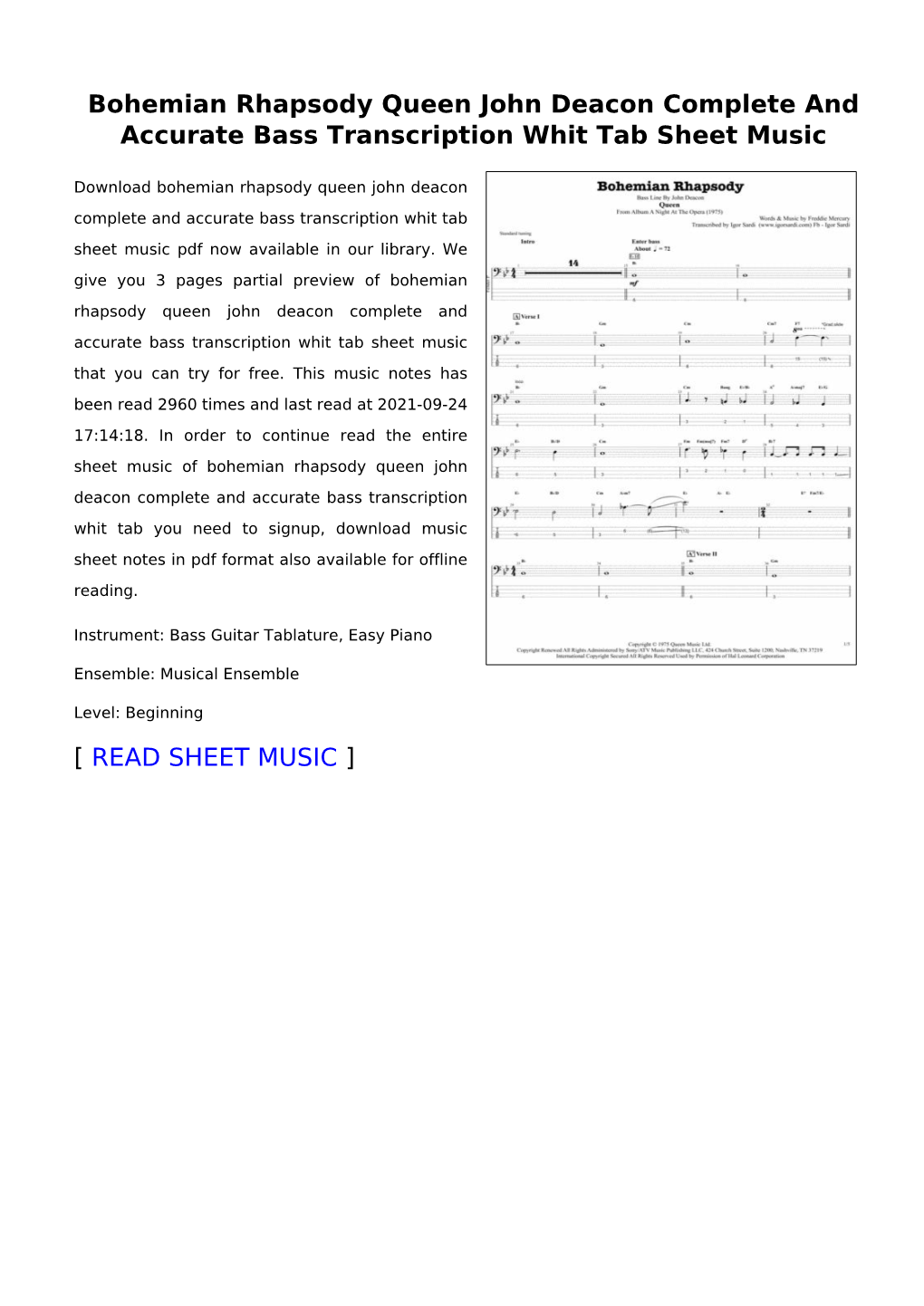 Bohemian Rhapsody Queen John Deacon Complete and Accurate Bass Transcription Whit Tab Sheet Music