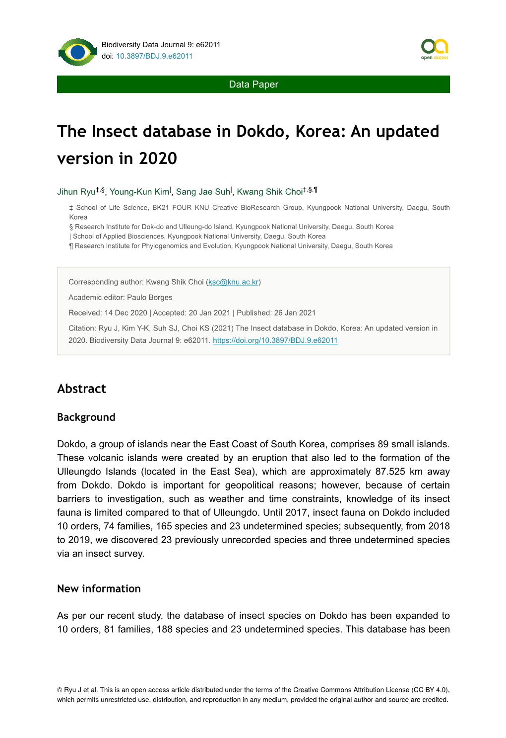 The Insect Database in Dokdo, Korea: an Updated Version in 2020