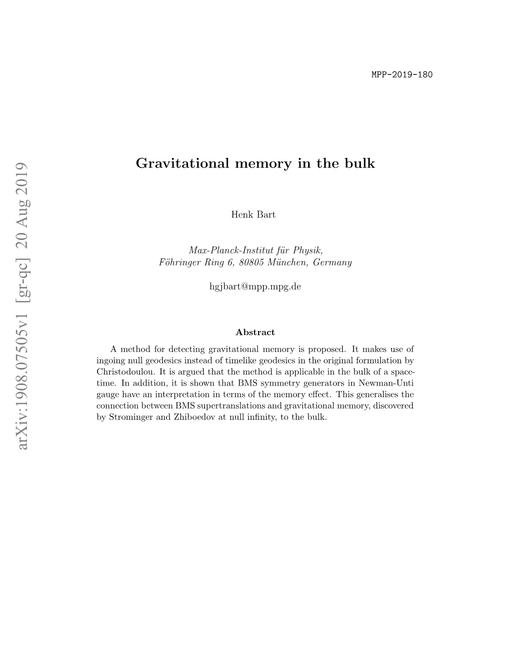 Arxiv:1908.07505V1 [Gr-Qc] 20 Aug 2019 Ysrmne N Hbeo Tnl Nnt,T H Bulk