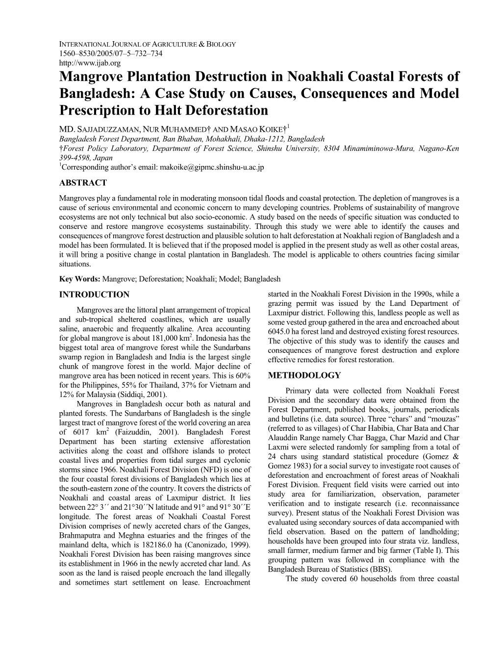 Mangrove Plantation Destruction in Noakhali Coastal Forests of Bangladesh: a Case Study on Causes, Consequences and Model Prescription to Halt Deforestation