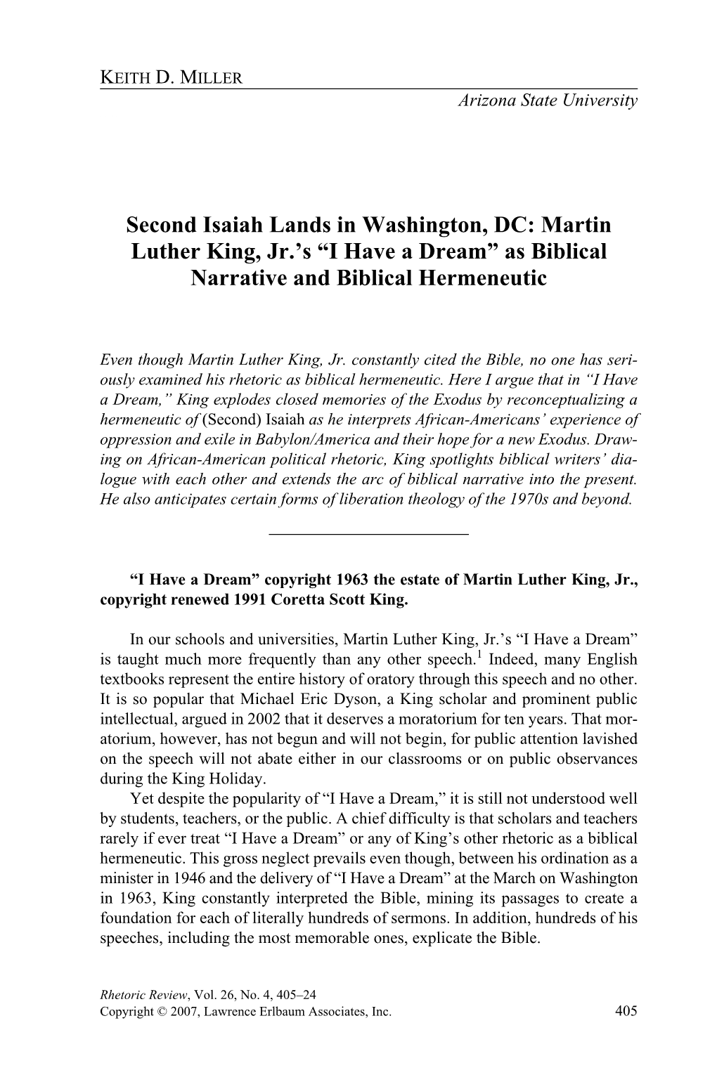 Second Isaiah Lands in Washington, DC: Martin Luther King, Jr.’S “I Have a Dream” As Biblical Narrative and Biblical Hermeneutic