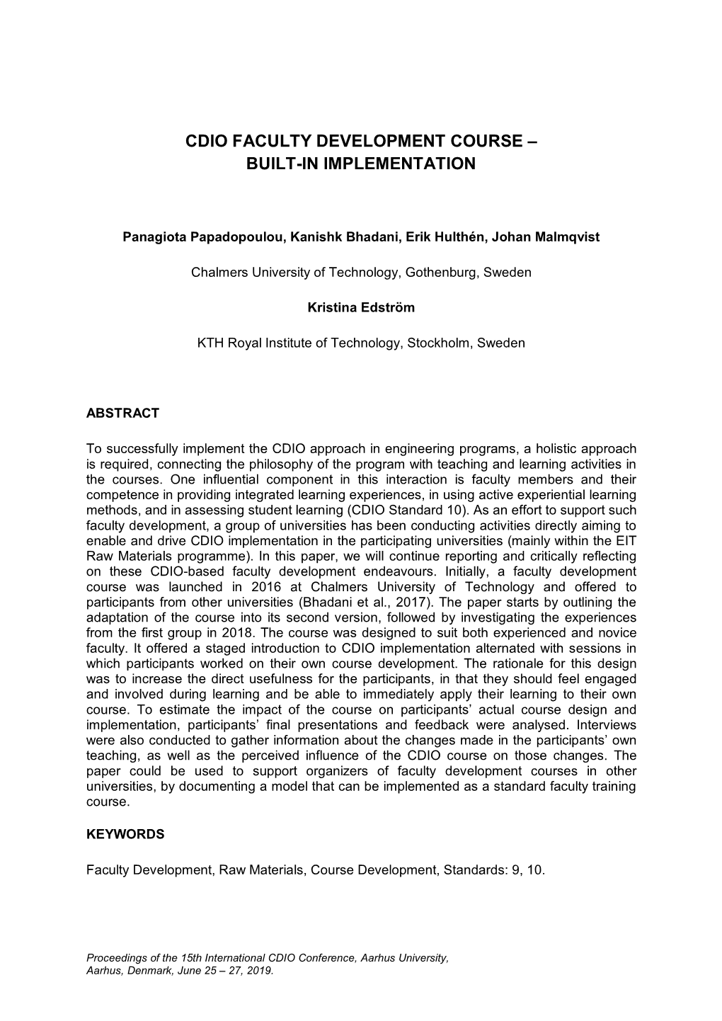 Cdio Faculty Development Course – Built-In Implementation