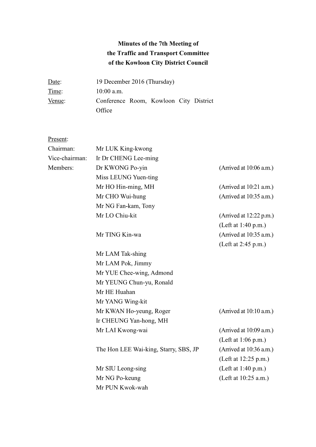 Minutes of the 7Th Meeting of the Traffic and Transport Committee of the Kowloon City District Council