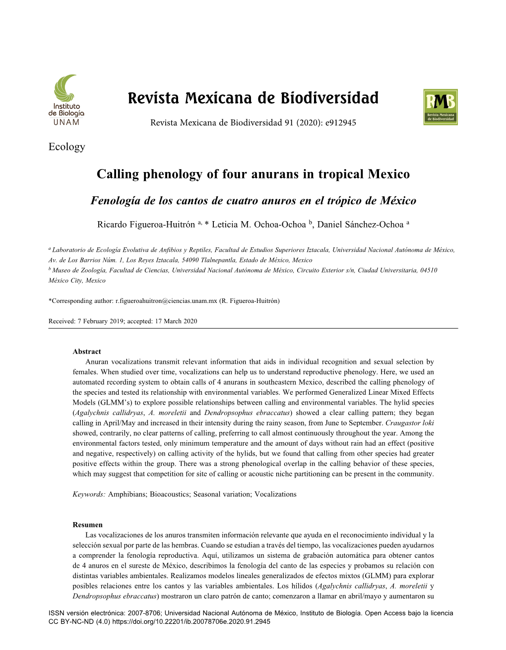 Calling Phenology of Four Anurans in Tropical Mexico