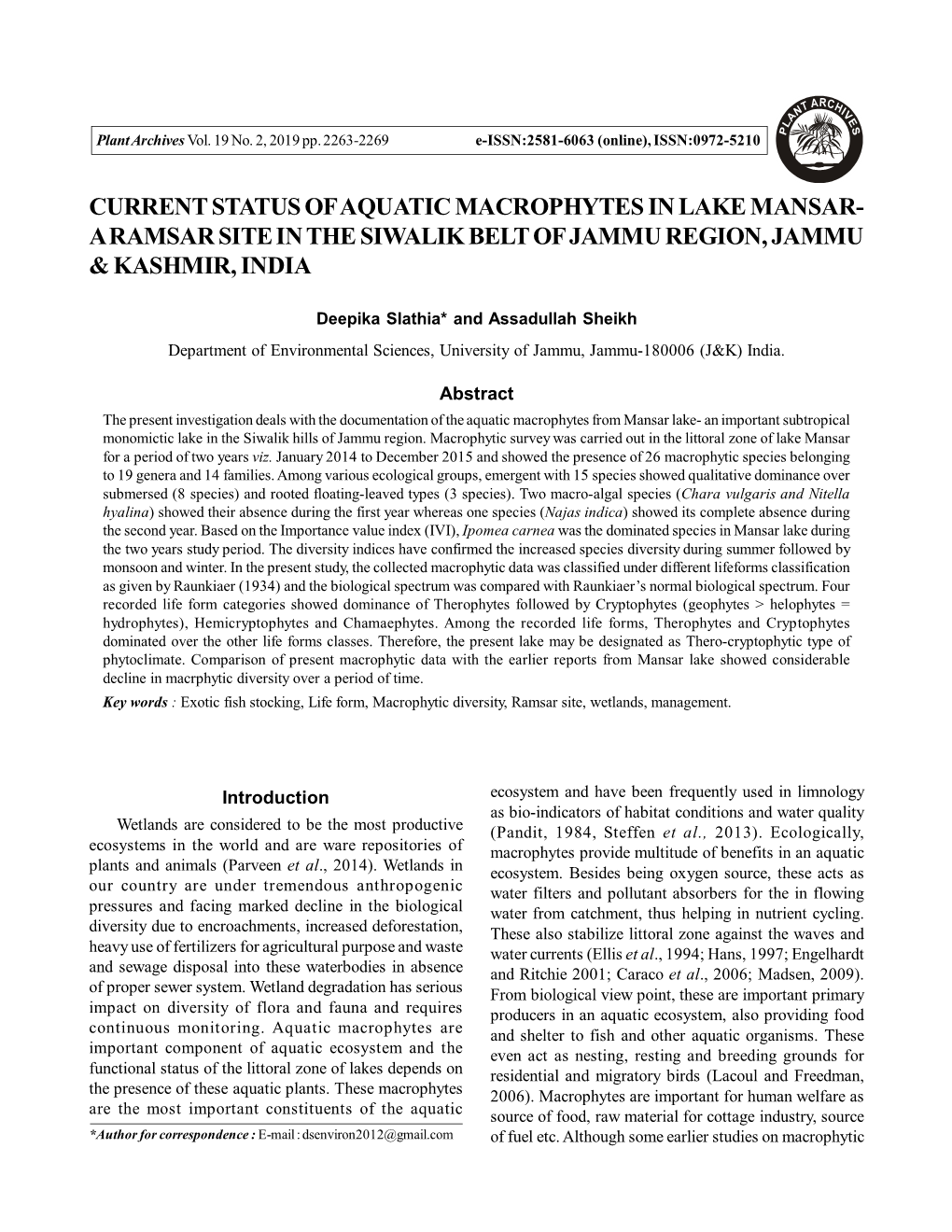 Current Status of Aquatic Macrophytes in Lake Mansar- a Ramsar Site in the Siwalik Belt of Jammu Region, Jammu & Kashmir, India