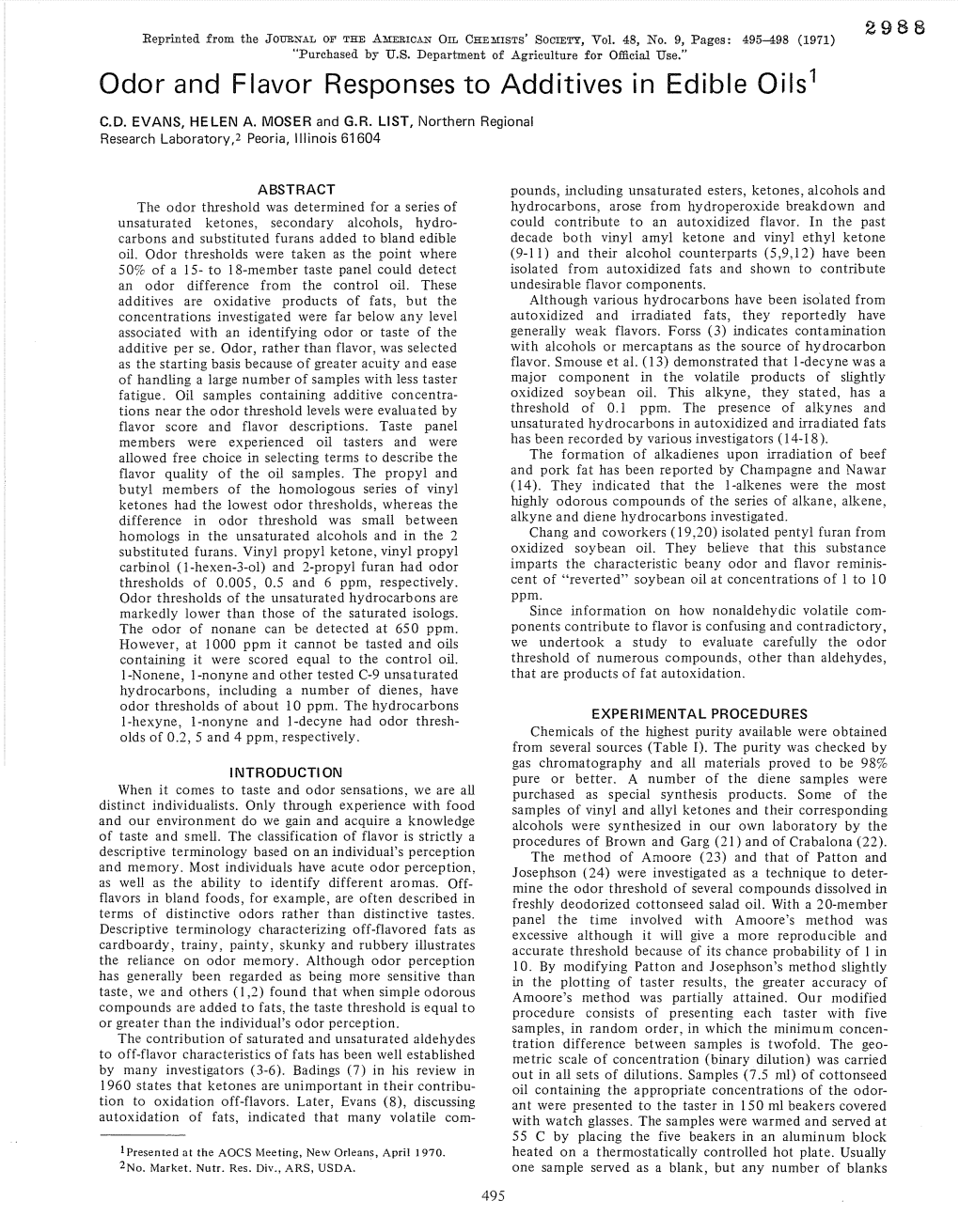 Odor and Flavor Responses to Additives in Edible Oils 1