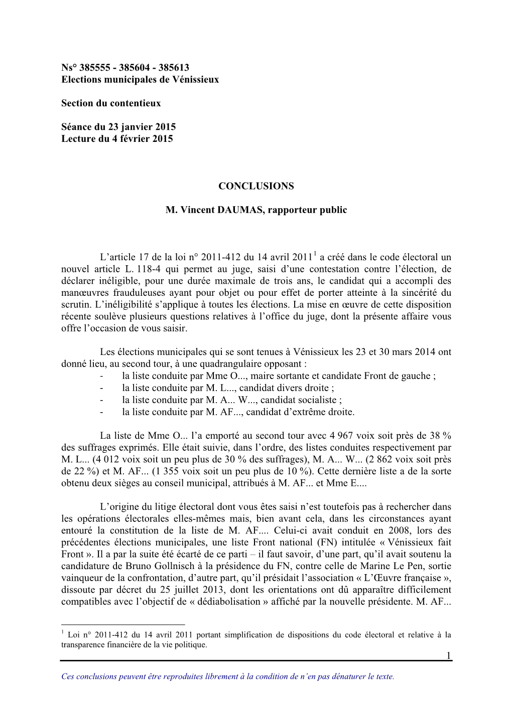 N° 2011-412 Du 14 Avril 20111 a Créé Dans Le Code Électoral Un Nouvel Article L