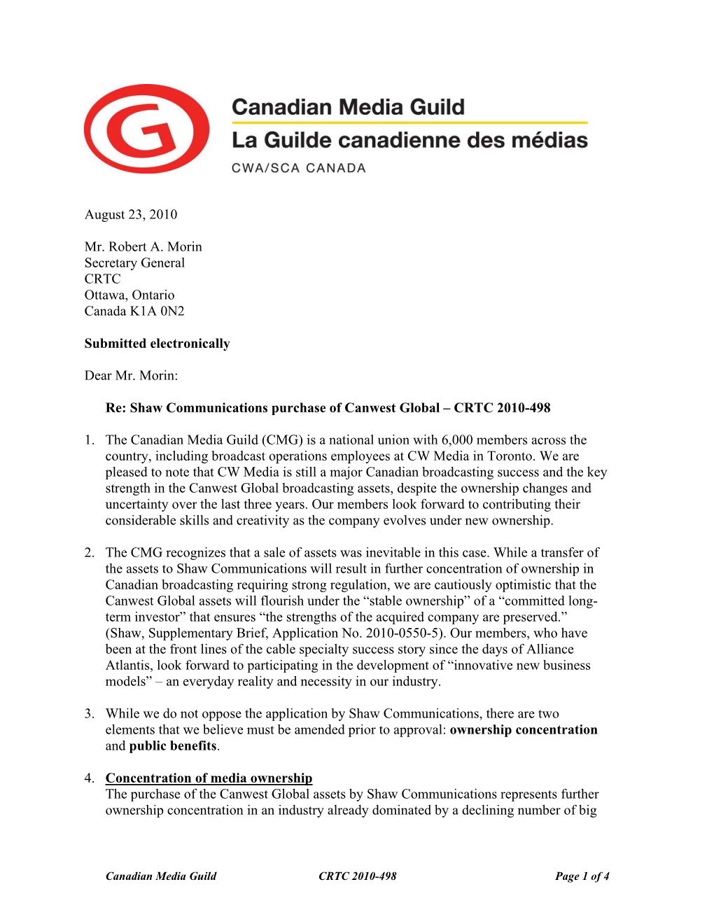 CMG Submission to the CRTC About Shaw