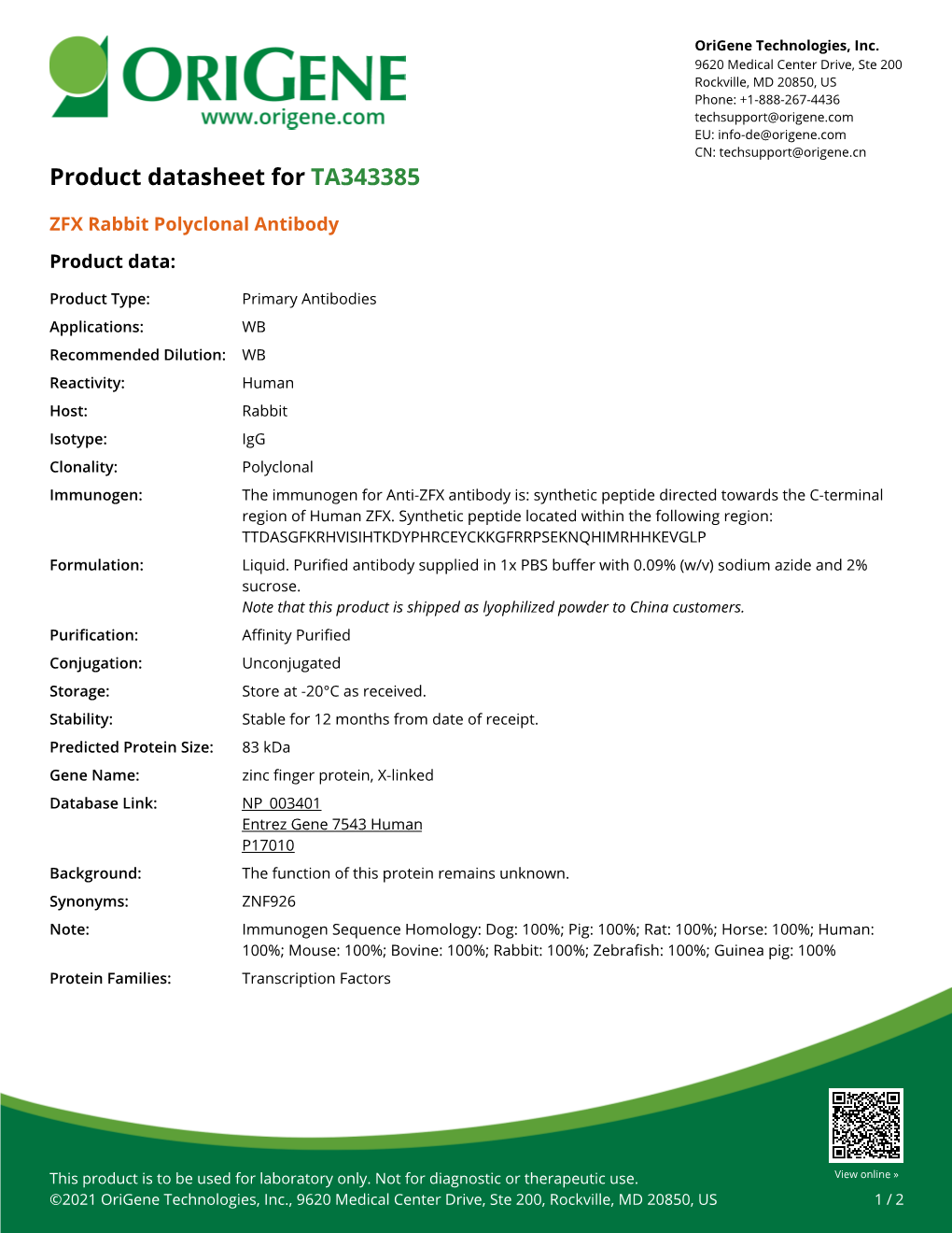 ZFX Rabbit Polyclonal Antibody – TA343385 | Origene