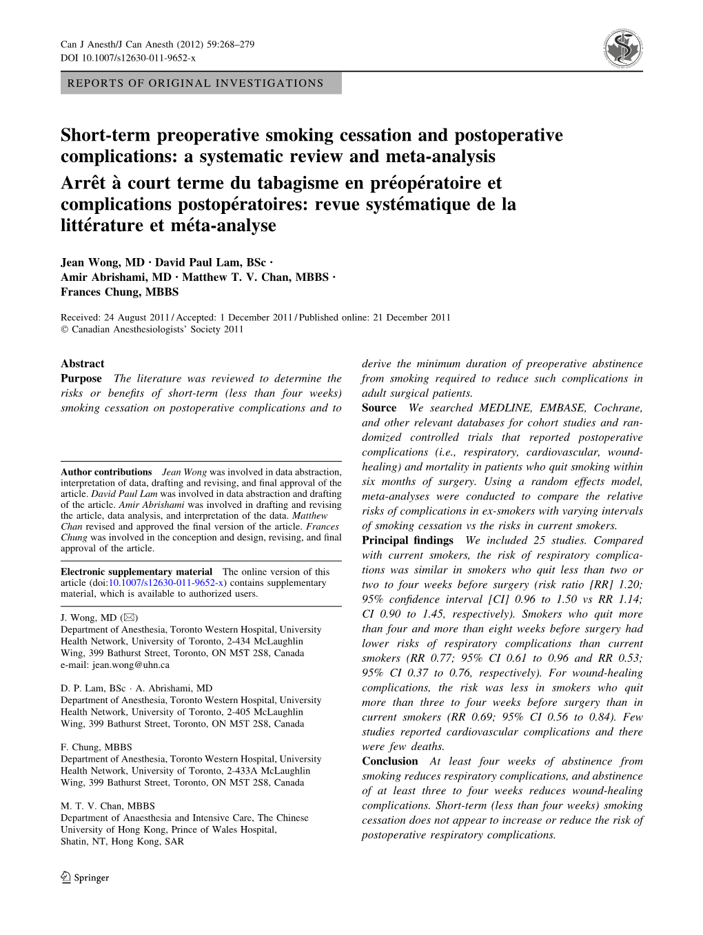 Short-Term Preoperative Smoking Cessation and Postoperative Complications: a Systematic Review and Meta-Analysis Arrêt A` Court