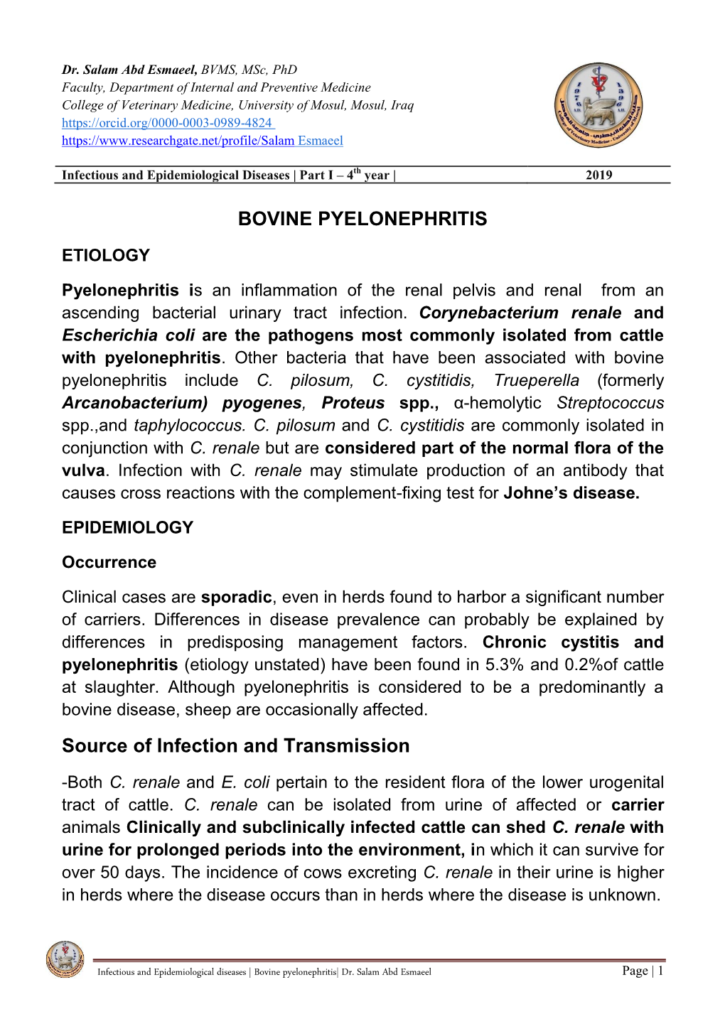 BOVINE PYELONEPHRITIS Source of Infection and Transmission