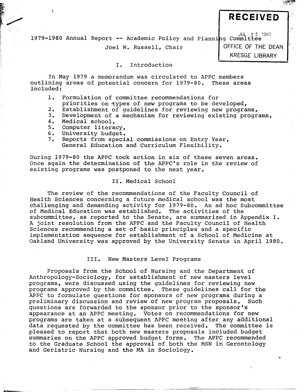 1979-1980 Annual Report -- Academic Policy and Planning Committee R Joel W