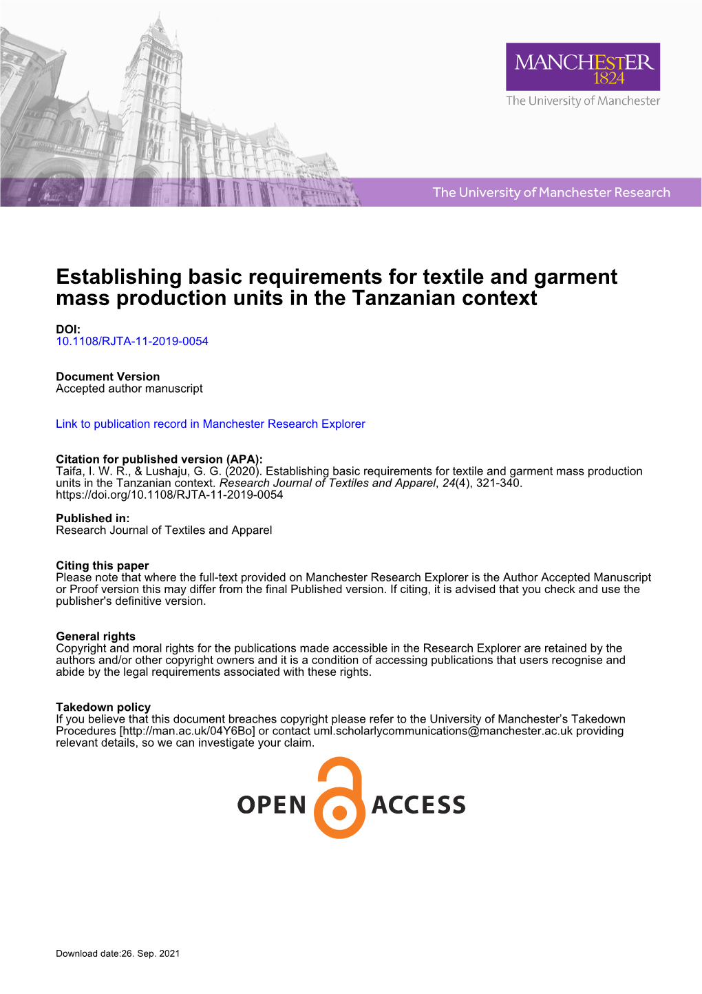 Establishing Basic Requirements for Textile and Garment Mass Production Units in the Tanzanian Context