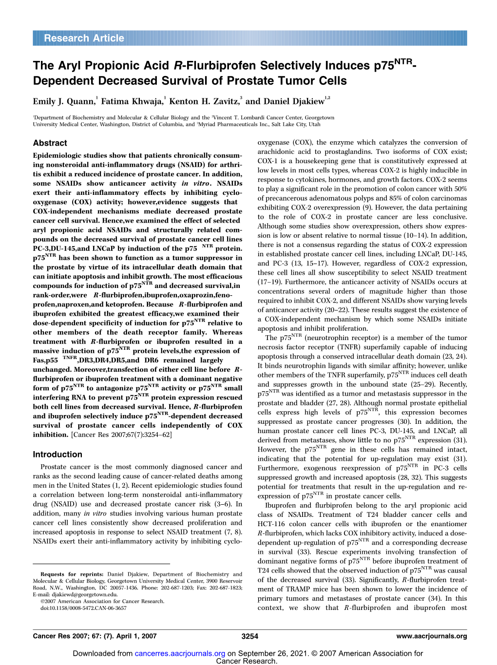 The Aryl Propionic Acid R-Flurbiprofen Selectively Induces P75ntr- Dependent Decreased Survival of Prostate Tumor Cells Emily J