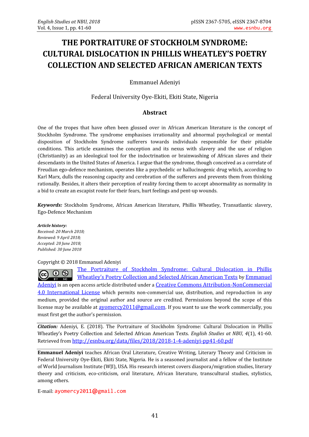 The Portraiture of Stockholm Syndrome: Cultural Dislocation in Phillis Wheatley’S Poetry Collection and Selected African American Texts