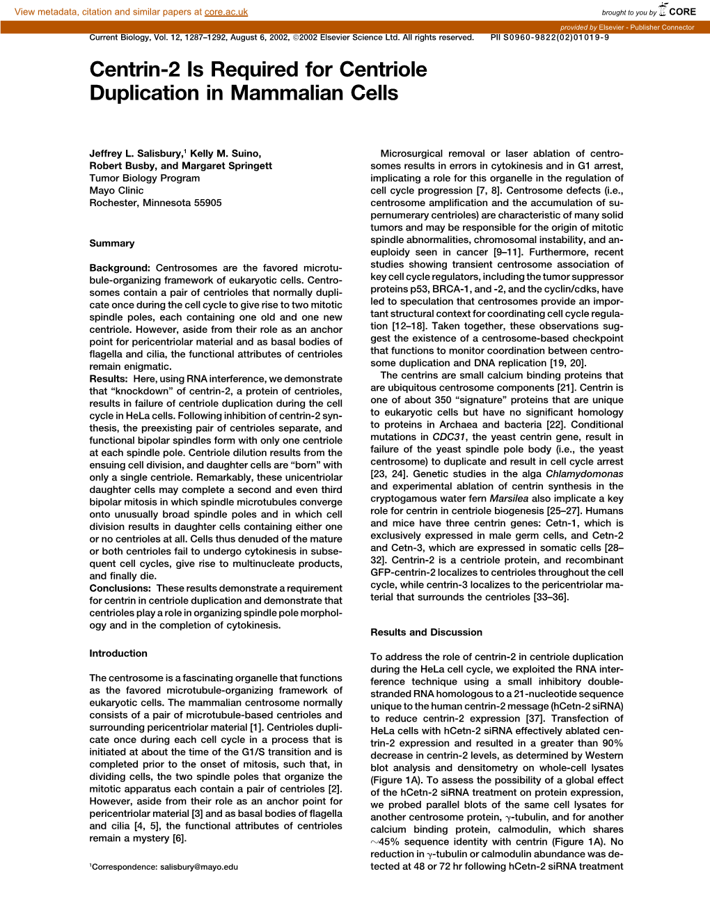 Centrin-2 Is Required for Centriole Duplication in Mammalian Cells