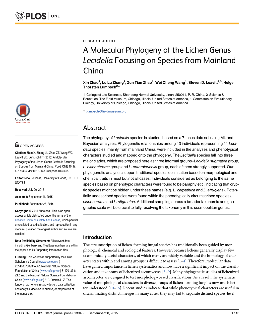 A Molecular Phylogeny of the Lichen Genus Lecidella Focusing on Species from Mainland China