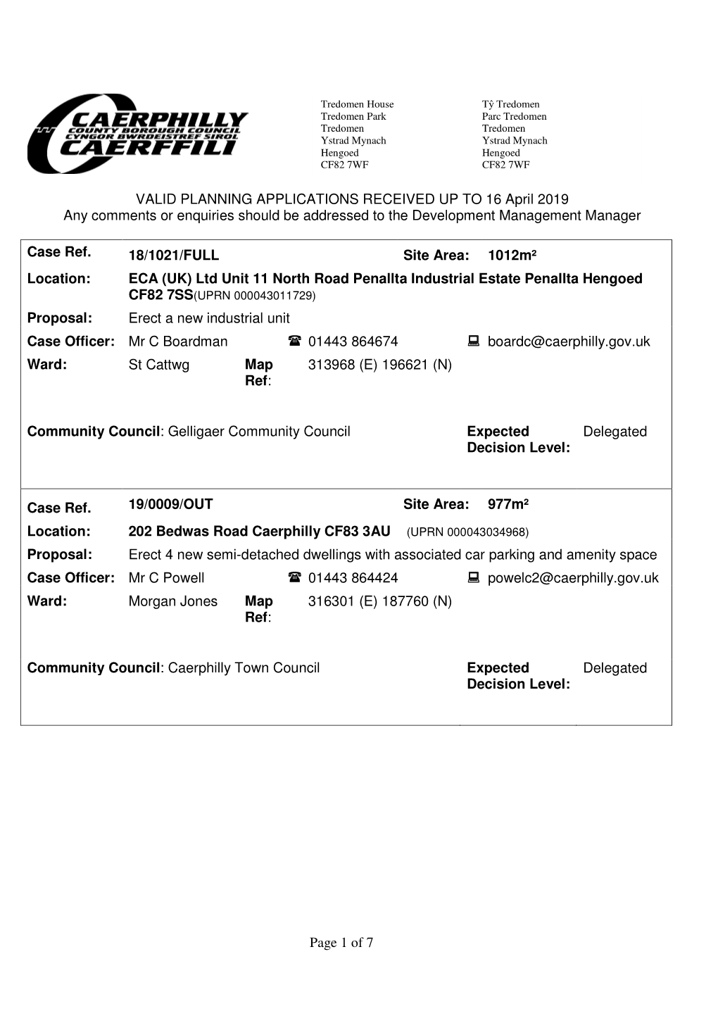 Page 1 of 7 VALID PLANNING APPLICATIONS RECEIVED up to 16 April 2019 Any Comments Or Enquiries Should Be Addressed to the Develo