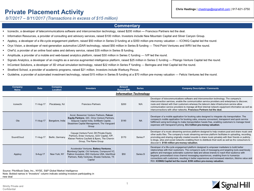 Private Placement Activity Chris Hastings | Chastings@Signalhill.Com | 917-621-3750 8/7/2017 – 8/11/2017 (Transactions in Excess of $15 Million) Commentary