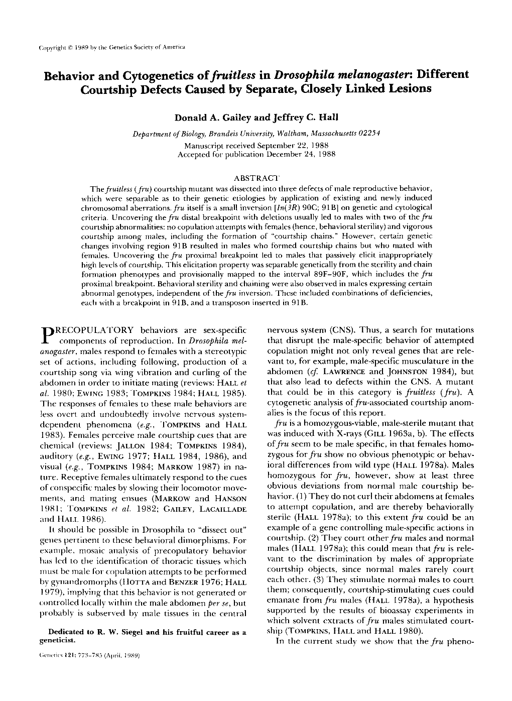 Behavior and Cytogenetics of Fruitless in Drosophila Melanogaster