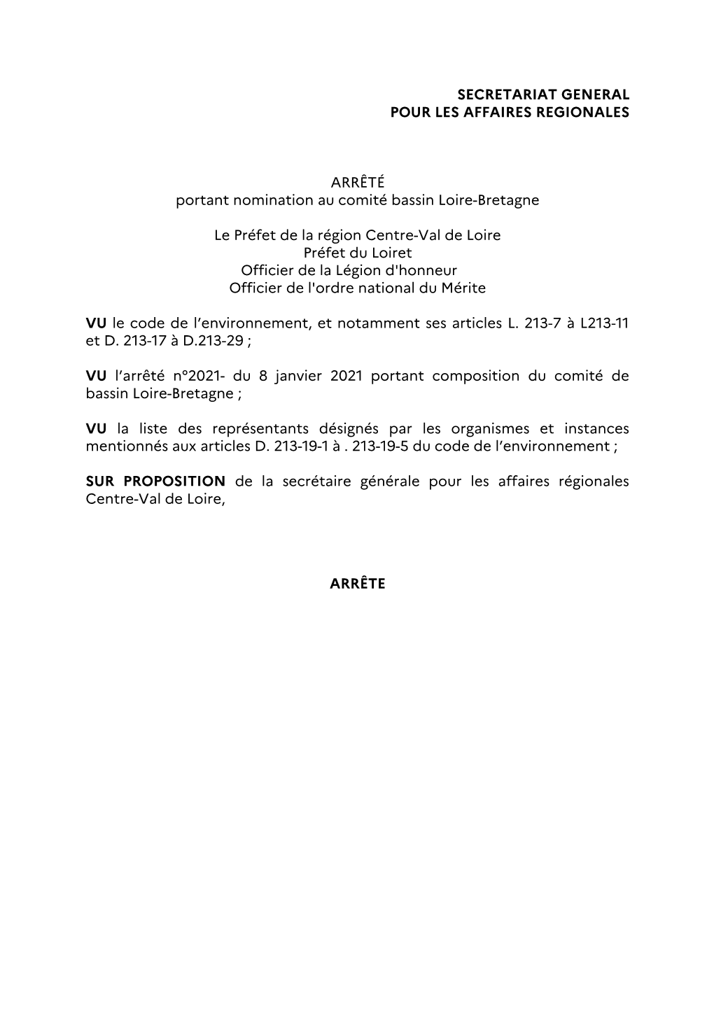 Arrêté Portant Nomination Au Comité Bassin Loire Bretagne
