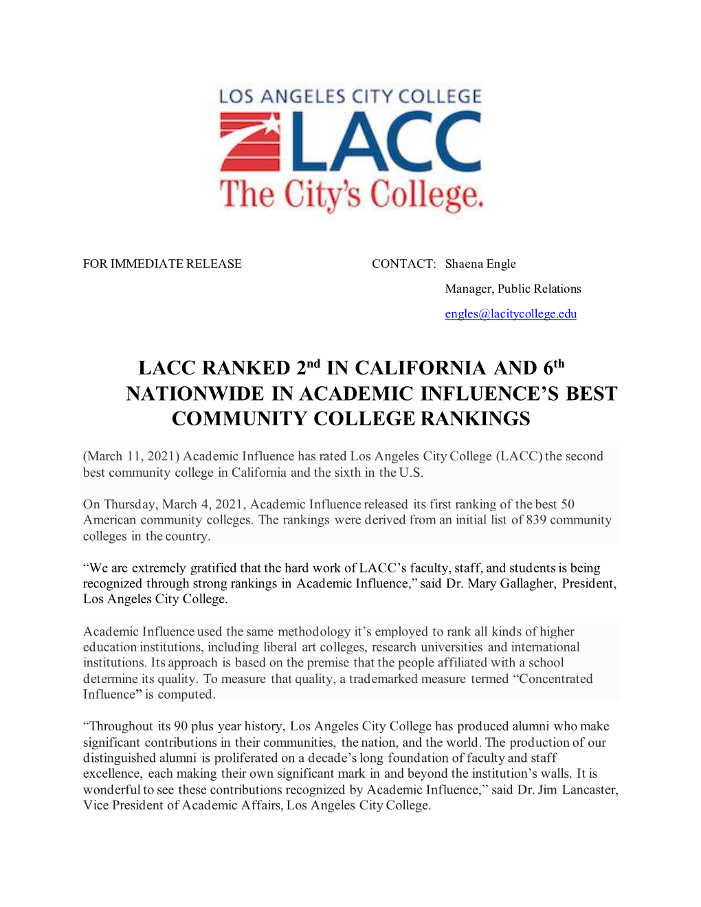 LACC RANKED 2Nd in CALIFORNIA and 6Th NATIONWIDE in ACADEMIC INFLUENCE’S BEST COMMUNITY COLLEGE RANKINGS