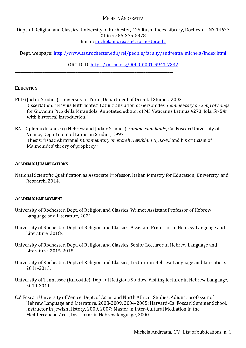 Michela Andreatta, CV List of Publications, P. 1 Dept. of Religion