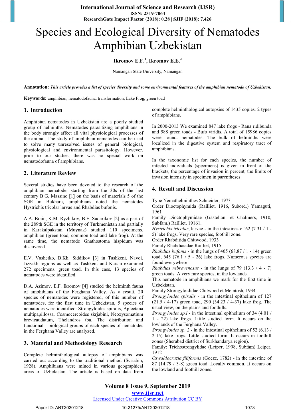 Species and Ecological Diversity of Nematodes Amphibian Uzbekistan