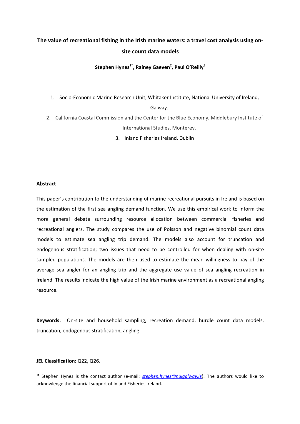 The Value of Recreational Fishing in the Irish Marine Waters: a Travel Cost Analysis Using On- Site Count Data Models