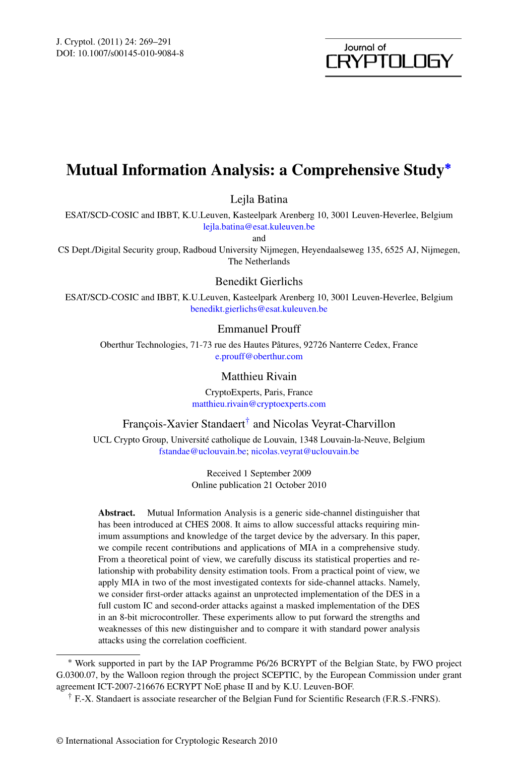 Mutual Information Analysis: a Comprehensive Study∗