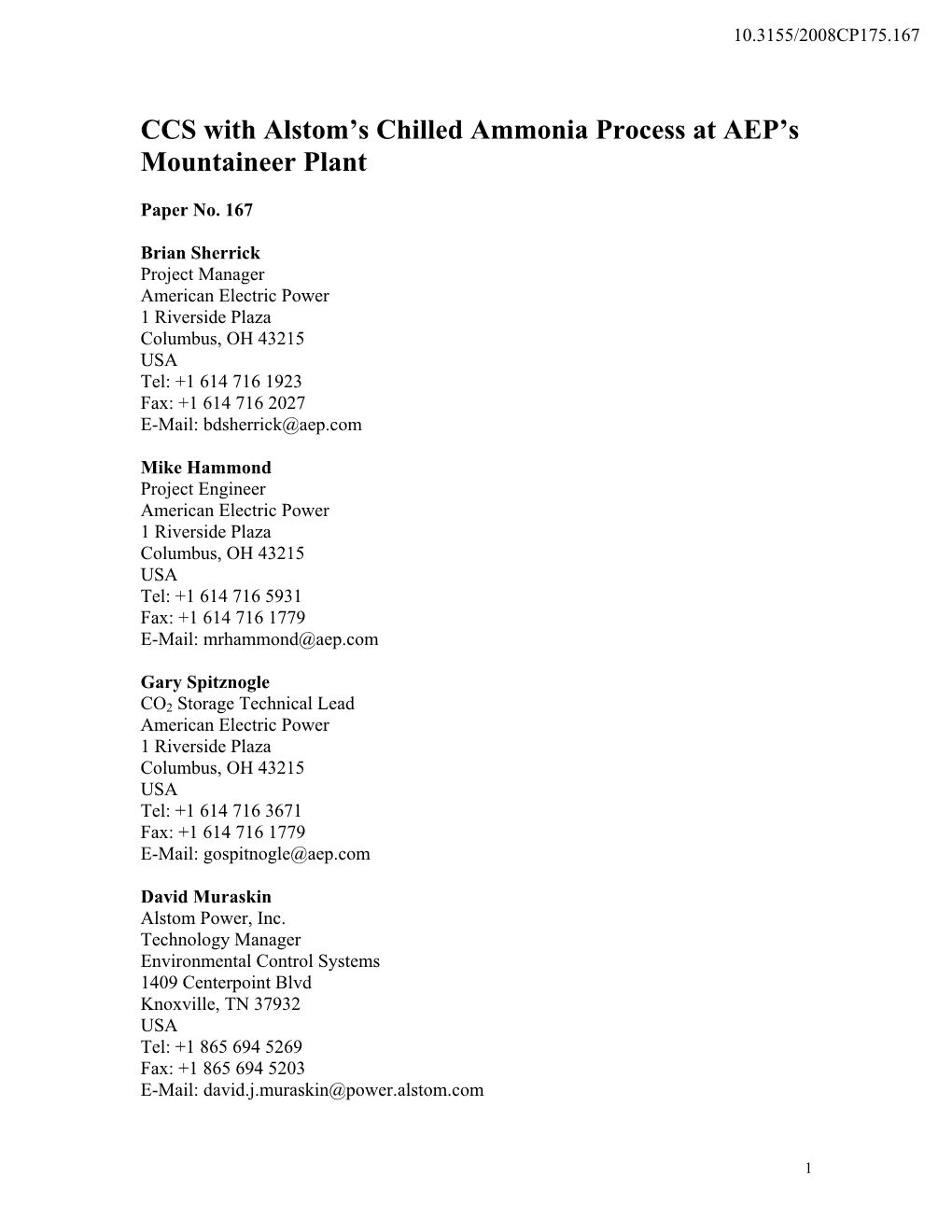 CCS with Alstom's Chilled Ammonia Process at AEP's Mountaineer Plant