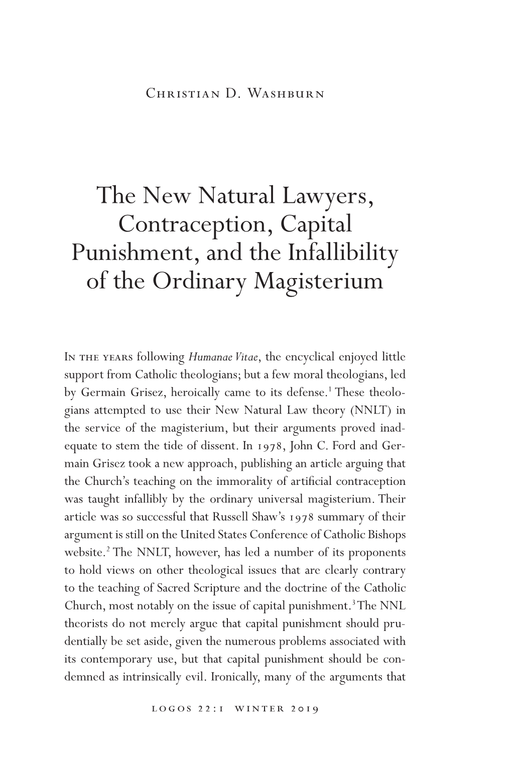 The New Natural Lawyers, Contraception, Capital Punishment, and the Infallibility of the Ordinary Magisterium