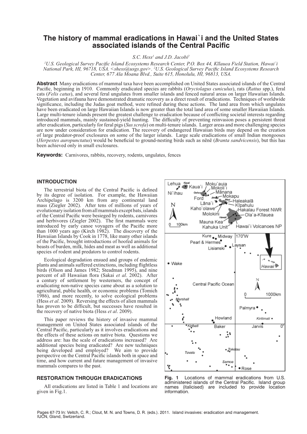 The History of Mammal Eradications in Hawai`I and the United States Associated Islands of the Central Pacific