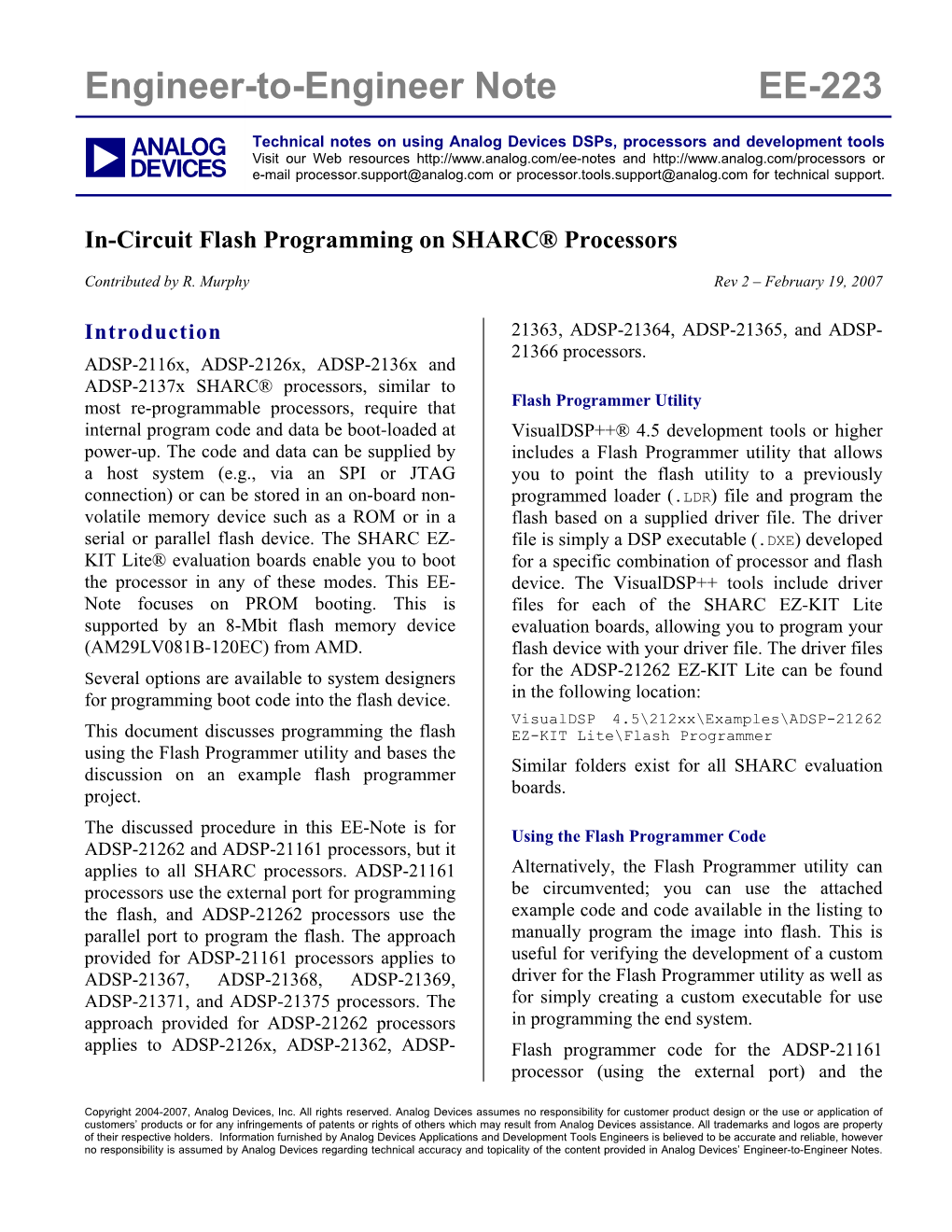 EE-223: In-Circuit Flash Programming on SHARC® Processors