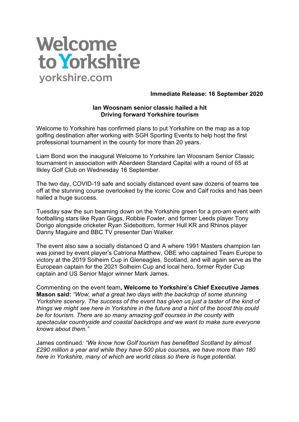 Immediate Release: 16 September 2020 Ian Woosnam Senior Classic