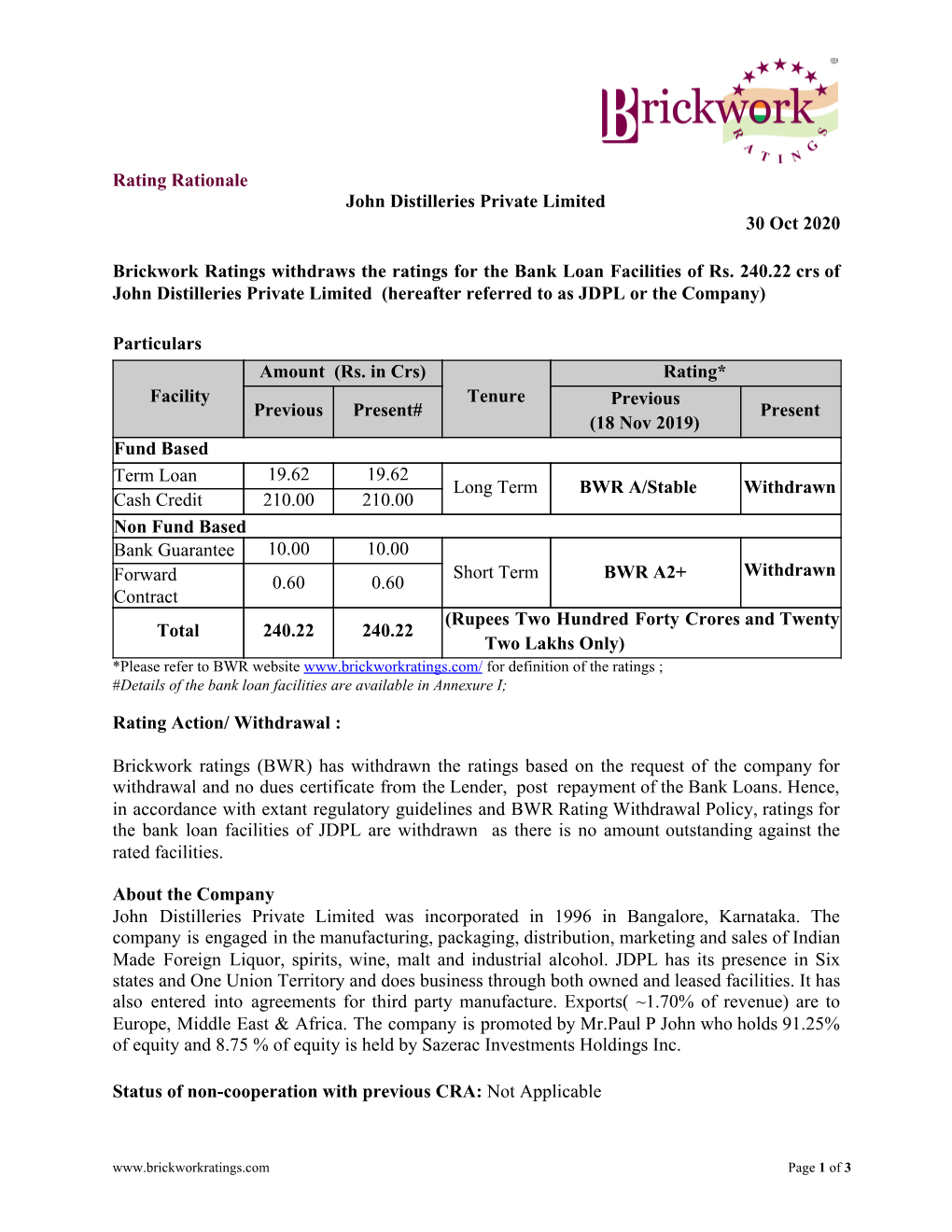 Rating Rationale John Distilleries Private Limited 30 Oct 2020