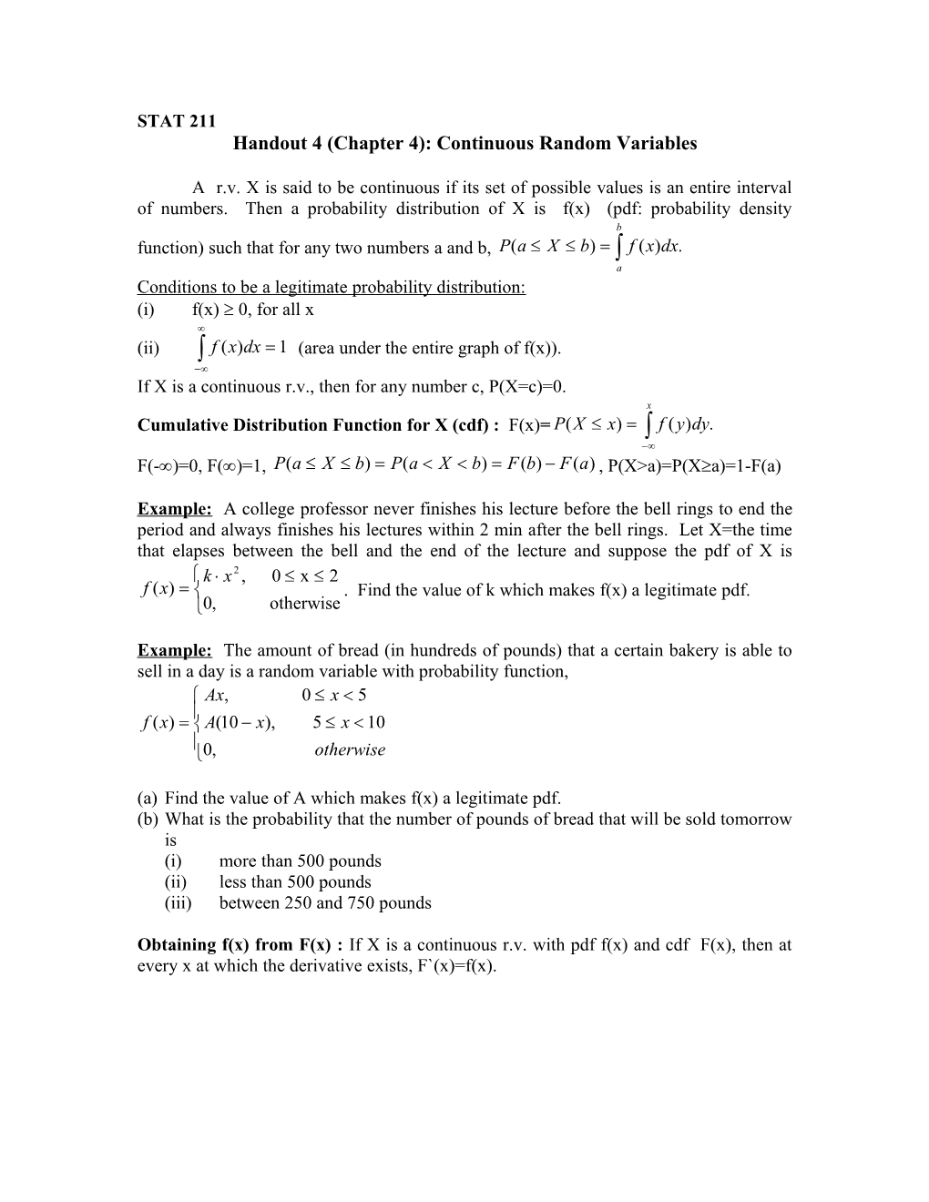 Handout 4 (Chapter 4): Continuous Random Variables