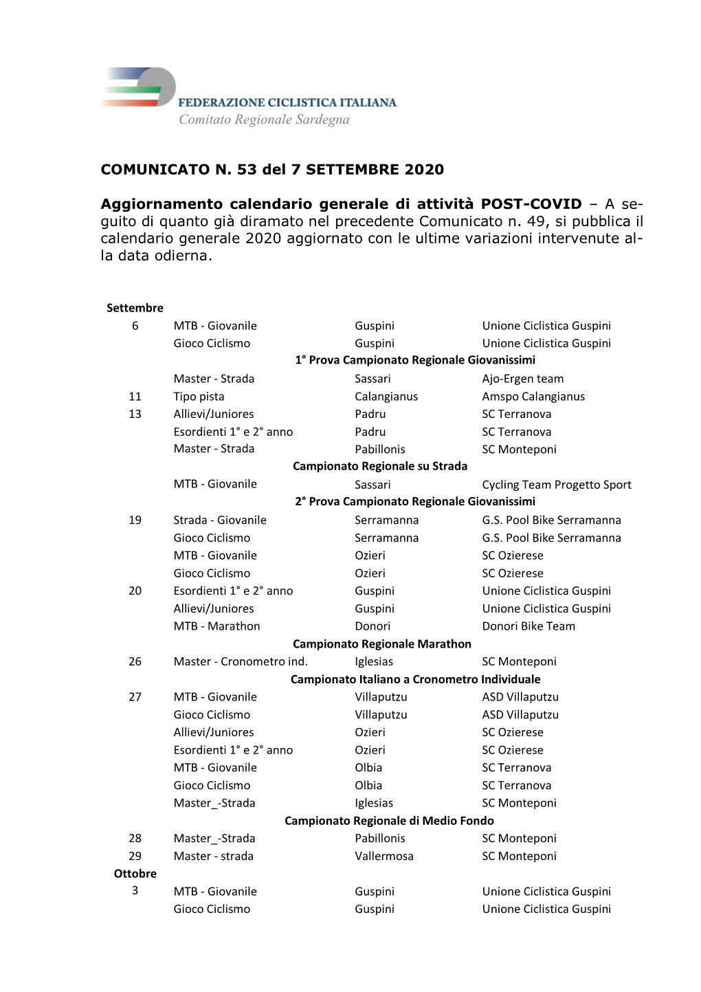 Comitato Regionale Sardegna COMUNICATO N. 53 Del 7