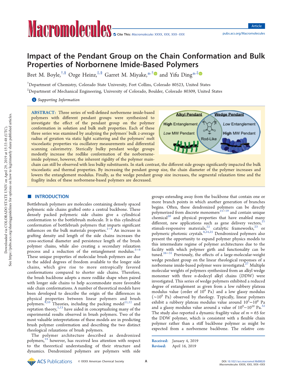 Impact of the Pendant Group on the Chain Conformation and Bulk Properties of Norbornene Imide-Based Polymers † § ‡ § † ‡ Bret M