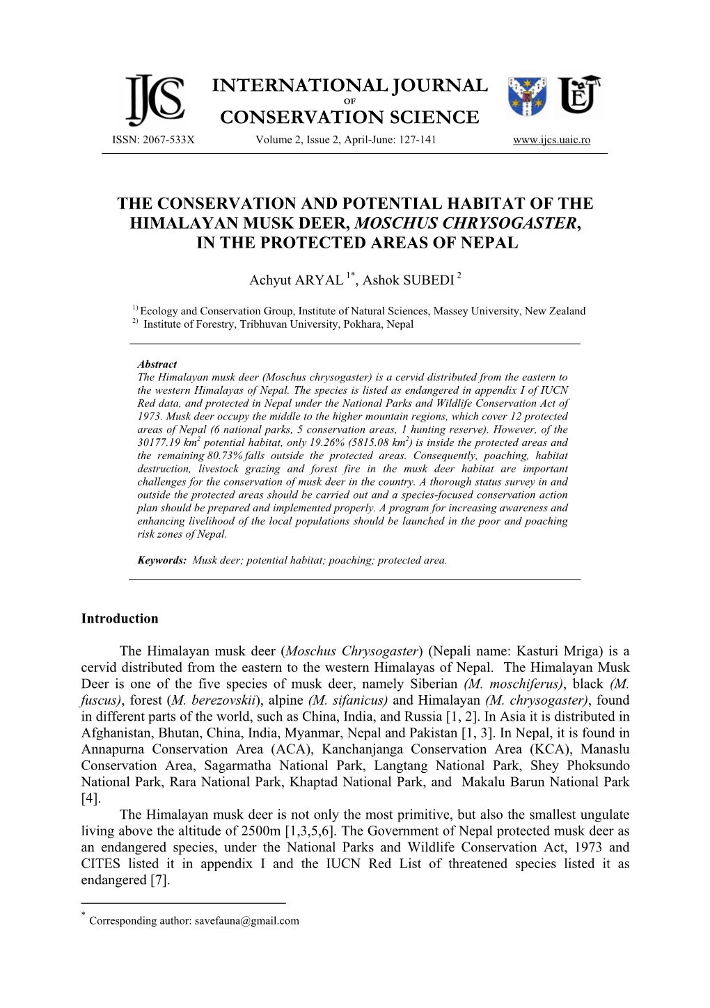 The Conservation and Potential Habitat of the Himalayan Musk Deer, Moschus Chrysogaster, in the Protected Areas of Nepal