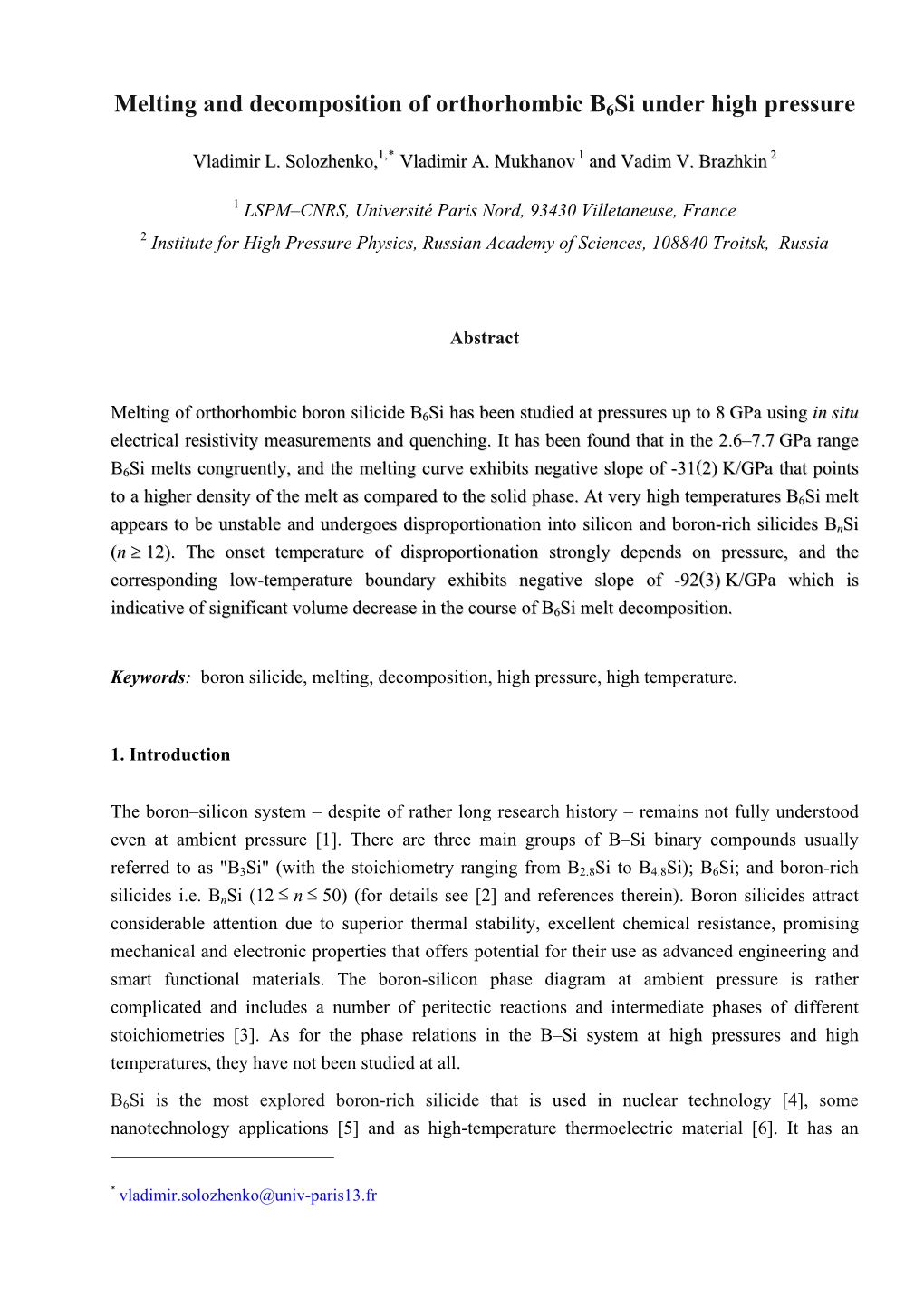 Melting and Decomposition of Orthorhombic B6si Under High Pressure