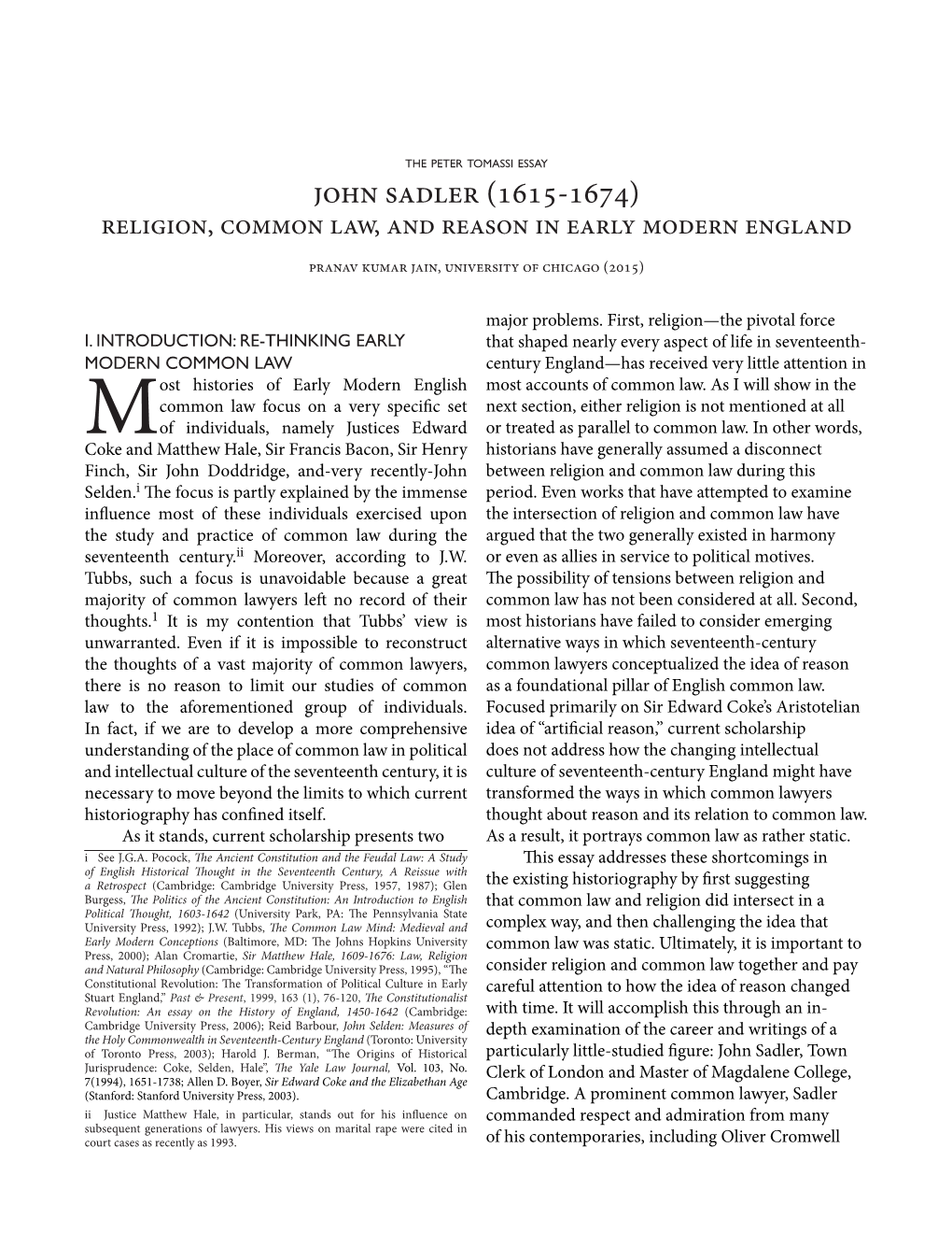 John Sadler (1615-1674) Religion, Common Law, and Reason in Early Modern England